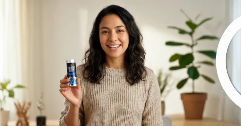 Personaje realizado con inteligencia artificial para video publicitarios. El personaje es una mujer, de edad media, mirando a cámara, sosteniendo un producto azul.